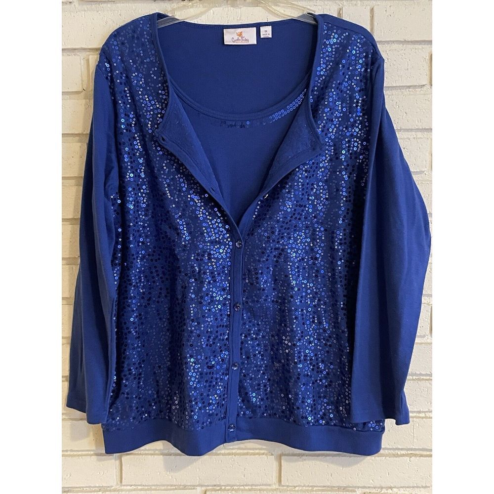 NWOT Quacker Factory 1XL Blue Tank And‎ Attached Sequined Cardigan